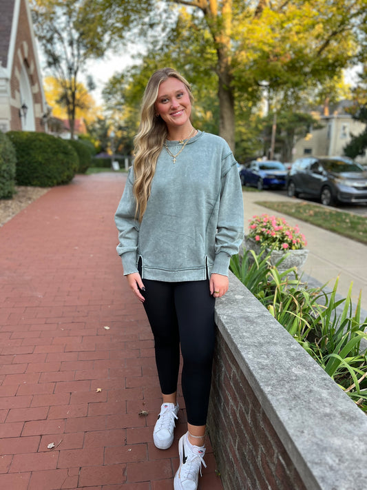Acid wash exposed seam fleece sweatshirt